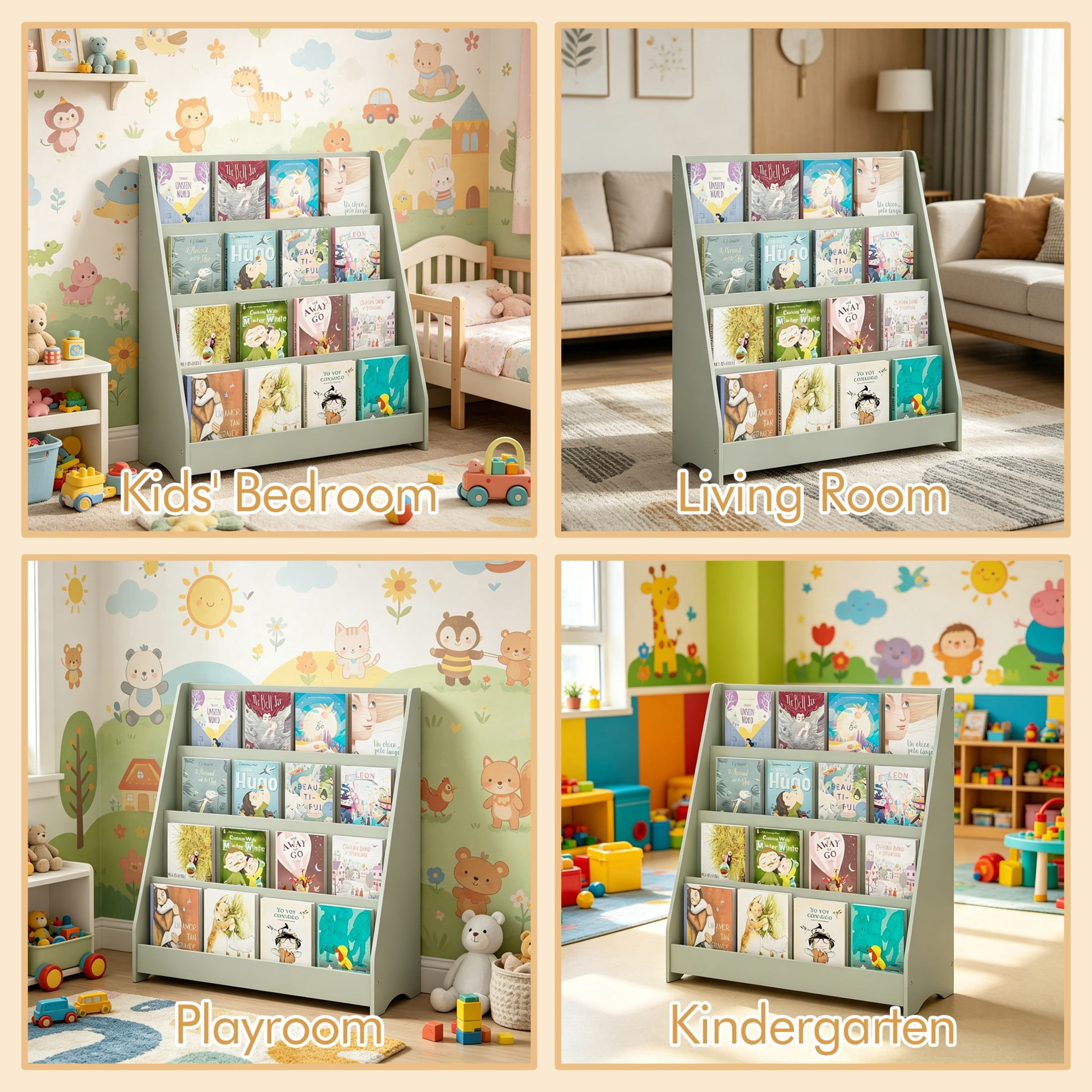 Noble House Aldo 4-Tier Kids Display Bookshelf, Wooden Toddler Book Organizer, for Kids Room, Sage