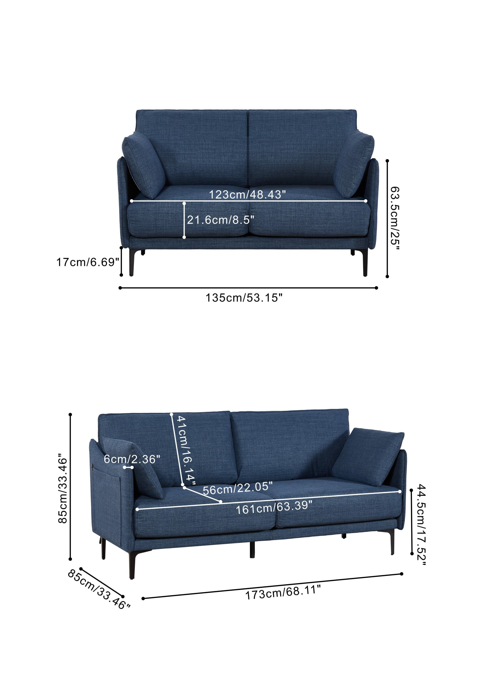 Chloe Modern Button-Tufted 2-Seater Sofa with USB Charge Port, Pillows, Metal Legs, Dark Blue
