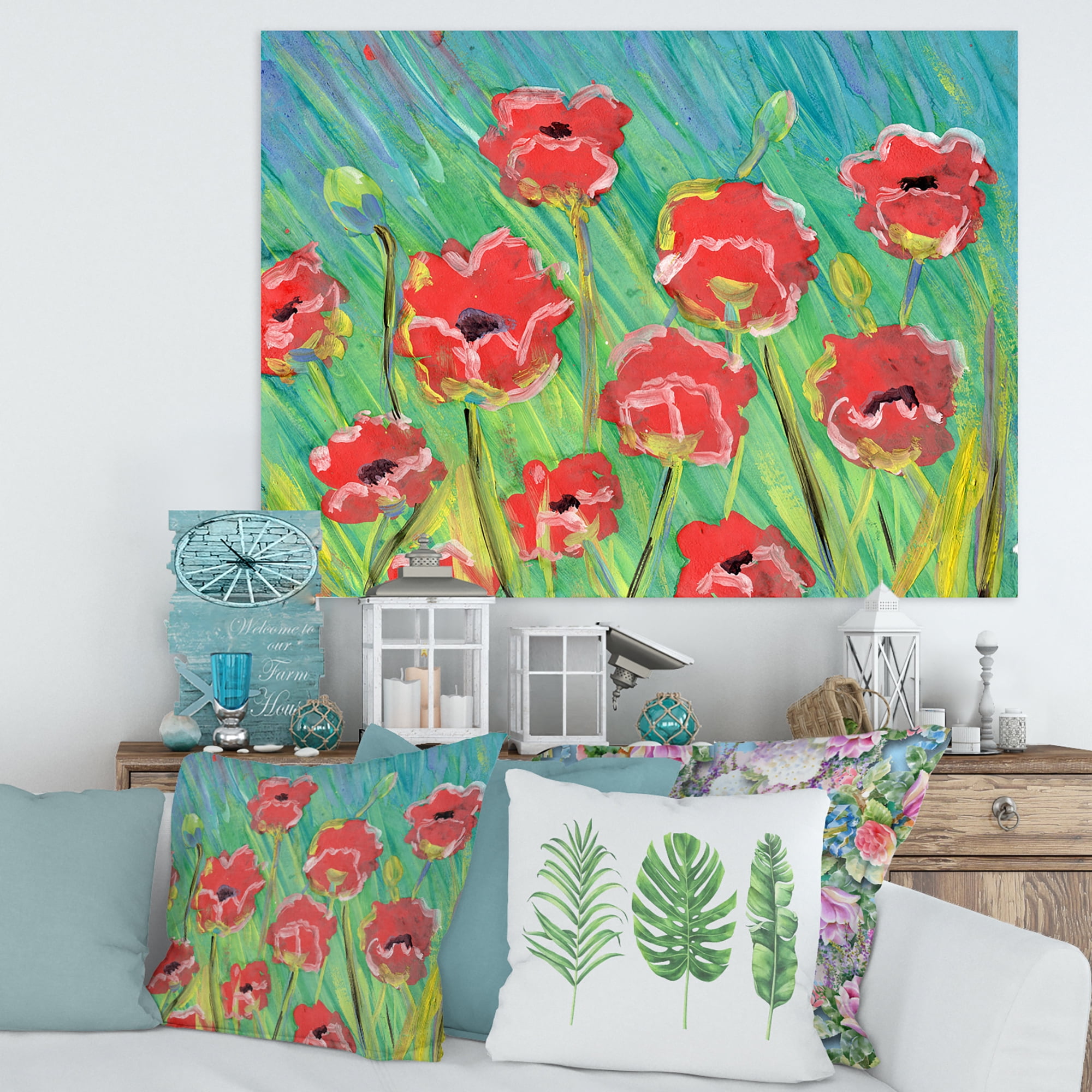 Designart ' Gouache Of Blooming Red Poppies ' Traditional Canvas Wall Art Print