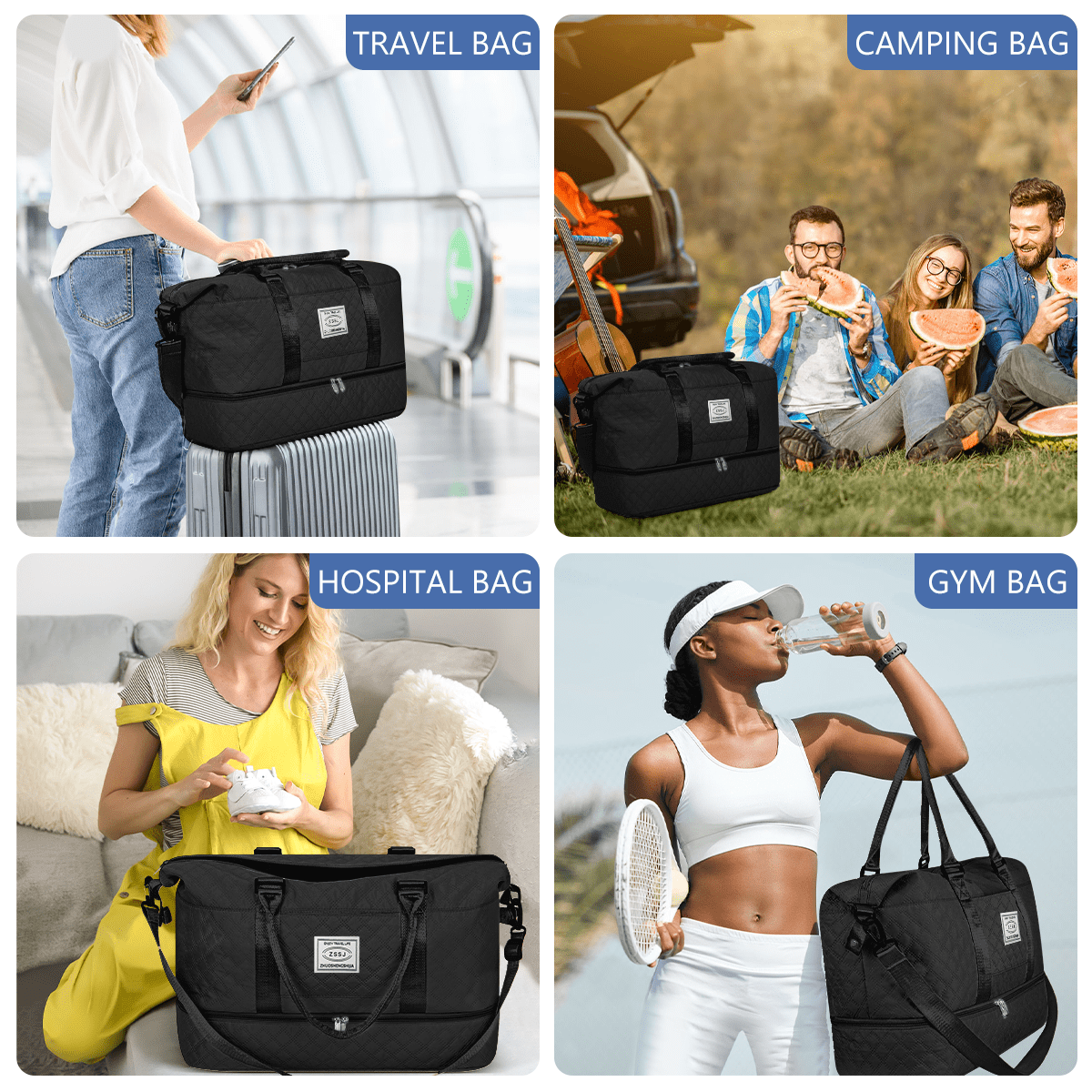 Travel Bag with Shoes Compartment, 40L Weekender Overnight Duffel Bag with Toiletry Bag and Shoes Bag, Gym Bag for Women with Wet Pocket, Personal Carry On Bag for Women, Travel, Gym, Weekend, Black