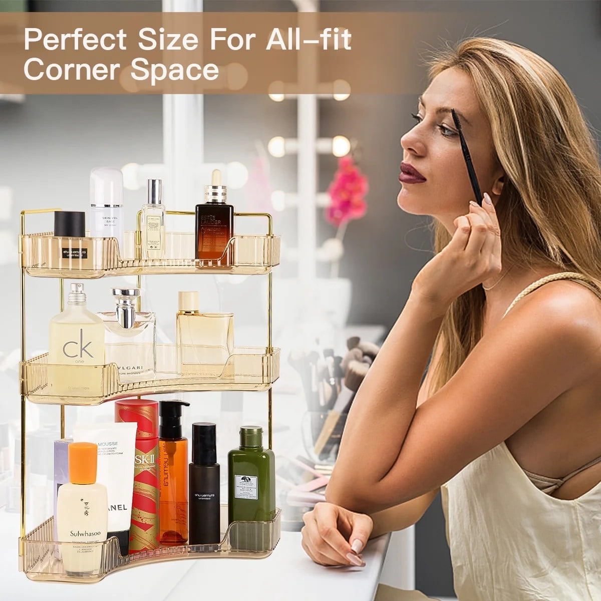 TEAFIRST 3-Tier Makeup Organizer, Bathroom Corner Countertop Organizer Space Saving waterproof Gold