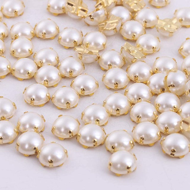 Sewing Pearl Beads Rhinestones Sew On Pearl Rhinestones with Silver Claw Flatback Half Round Pearl for Craft Garment (Gold Claw, 6mm)