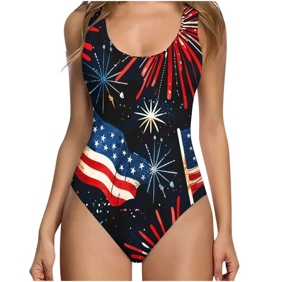 CLOISE Swimsuit One Piece Plus Size Fourth of July Full Coverage Bathing Suit Red White Blue Print Swimwear Backless USA Themed Beachwear