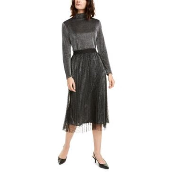 Alfani Women's Swiss Dot Metallic Midi Skirt Gray Size PL