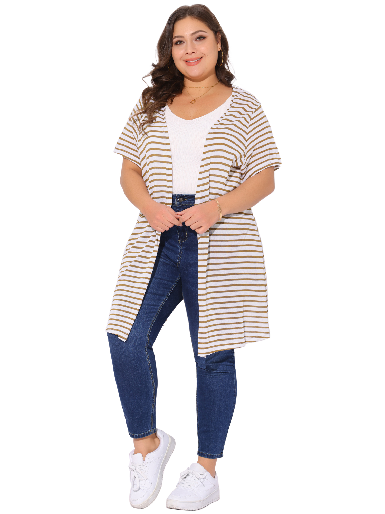 DARING DIVA Plus Size Stripe Short Sleeve Open Front Cardigan 1X Khaki