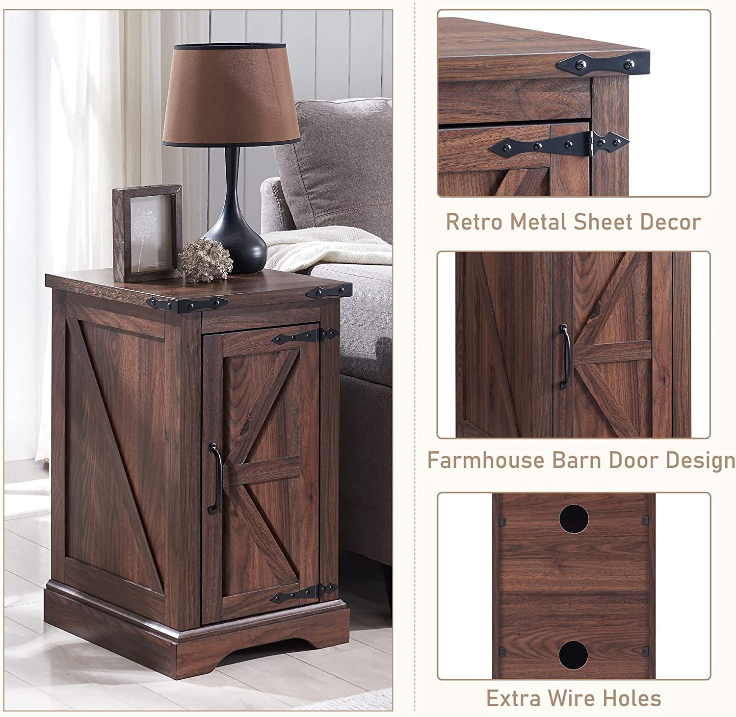 T4TREAM Farmhouse Nightstand with Charging Station, Wood End Table for Living Room, Brown
