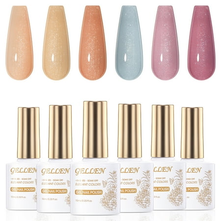Gellen Glitter Gel Nail Polish Kit 6 Classics Sparkle Neutral Colors Soak off Manicure Kit Nail Art Design Salon at Home Gifts for Women Girls