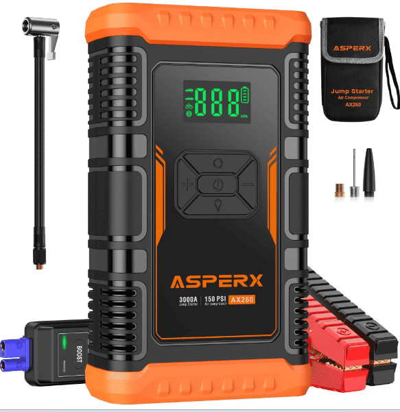 Refurbished ASPERX AX260 2 IN 1 Car Jumper Box with Air Compressor(Up to 10L Gas/8.0L Diesel Engines) 3000A Battery Jump Starter with USB Fast Charging,Portable Battery Booster for 12V Car SUV