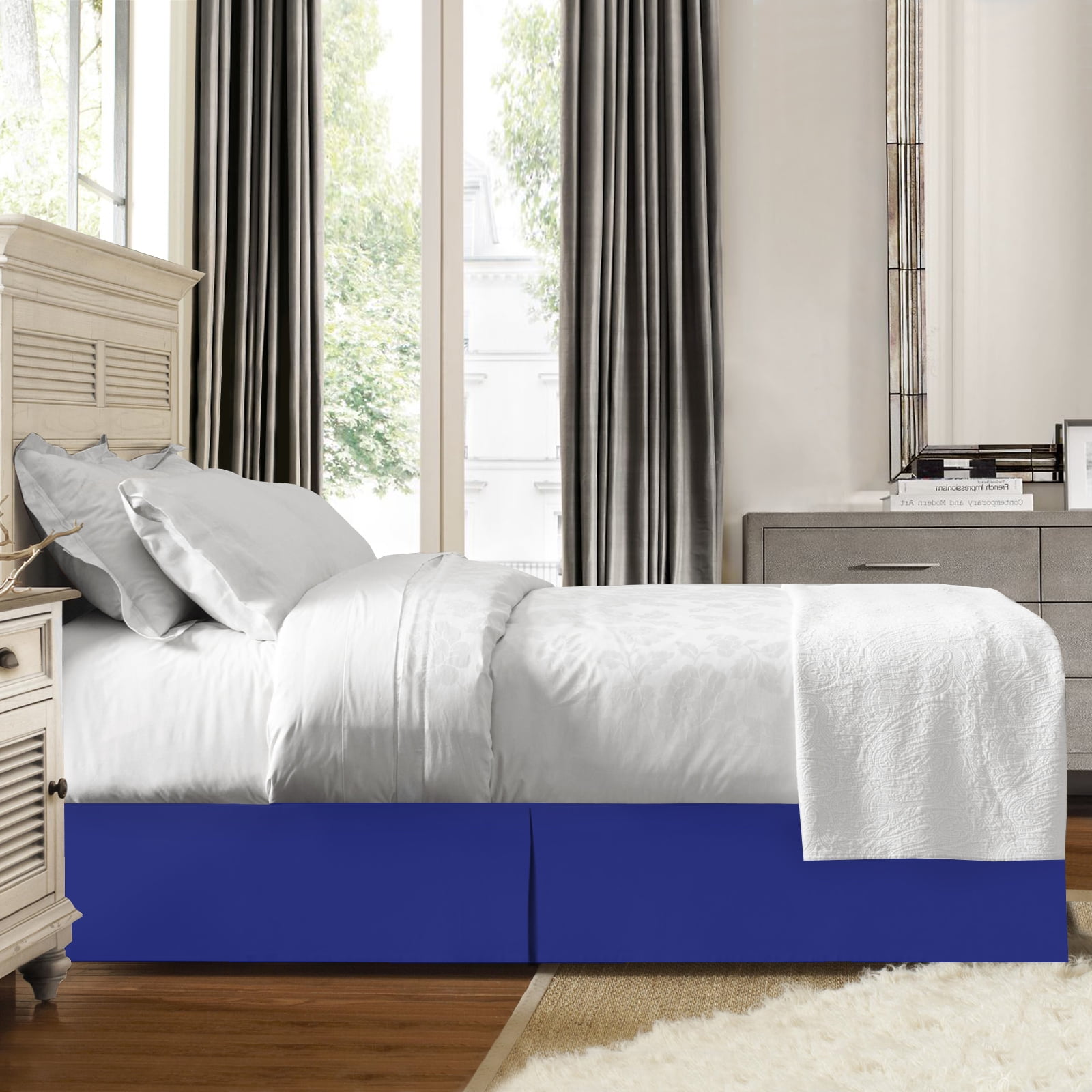 14" Tailored Pleated Bed Skirt Dust Ruffle, Queen, Royal Blue, by Clara Clark