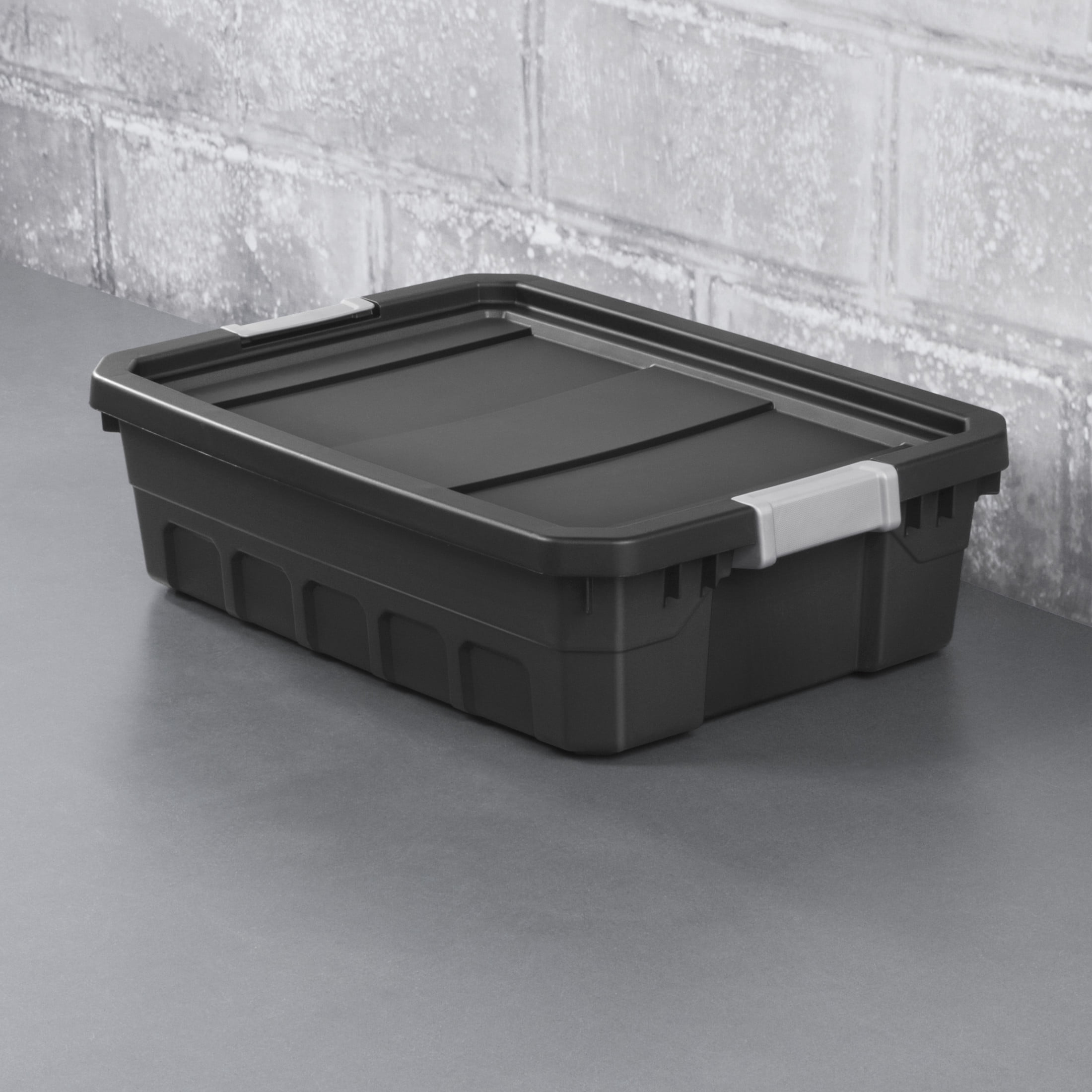 Sterilite Stackable Storage Bin, 10 Gallon Durable Plastic Storage Tote with Latch Lid, Black, 6 Pack