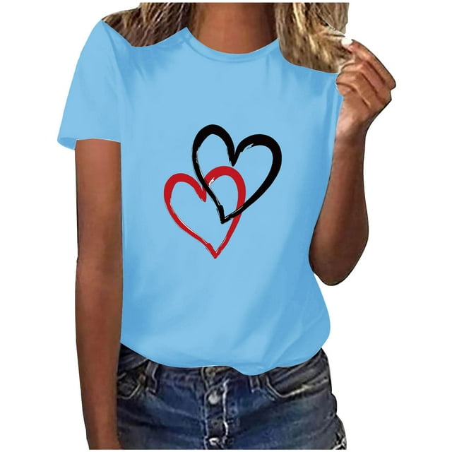 Amzcrzy Hauts pour Femmes Printemps Été Saint-Valentin Chemises Imprimées Cœur d'Amour Mode Col Rond Manches Courtes Ample Couleur Unie Chandail Sortie Hauts