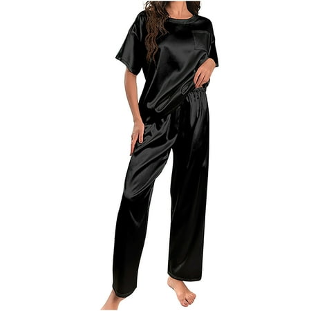 

Women s Silk Satin Pajamas Sets 2 Piece Casual Soft Crewneck Short Sleeve Tops and Pants Outfits Pjs Sleepwear