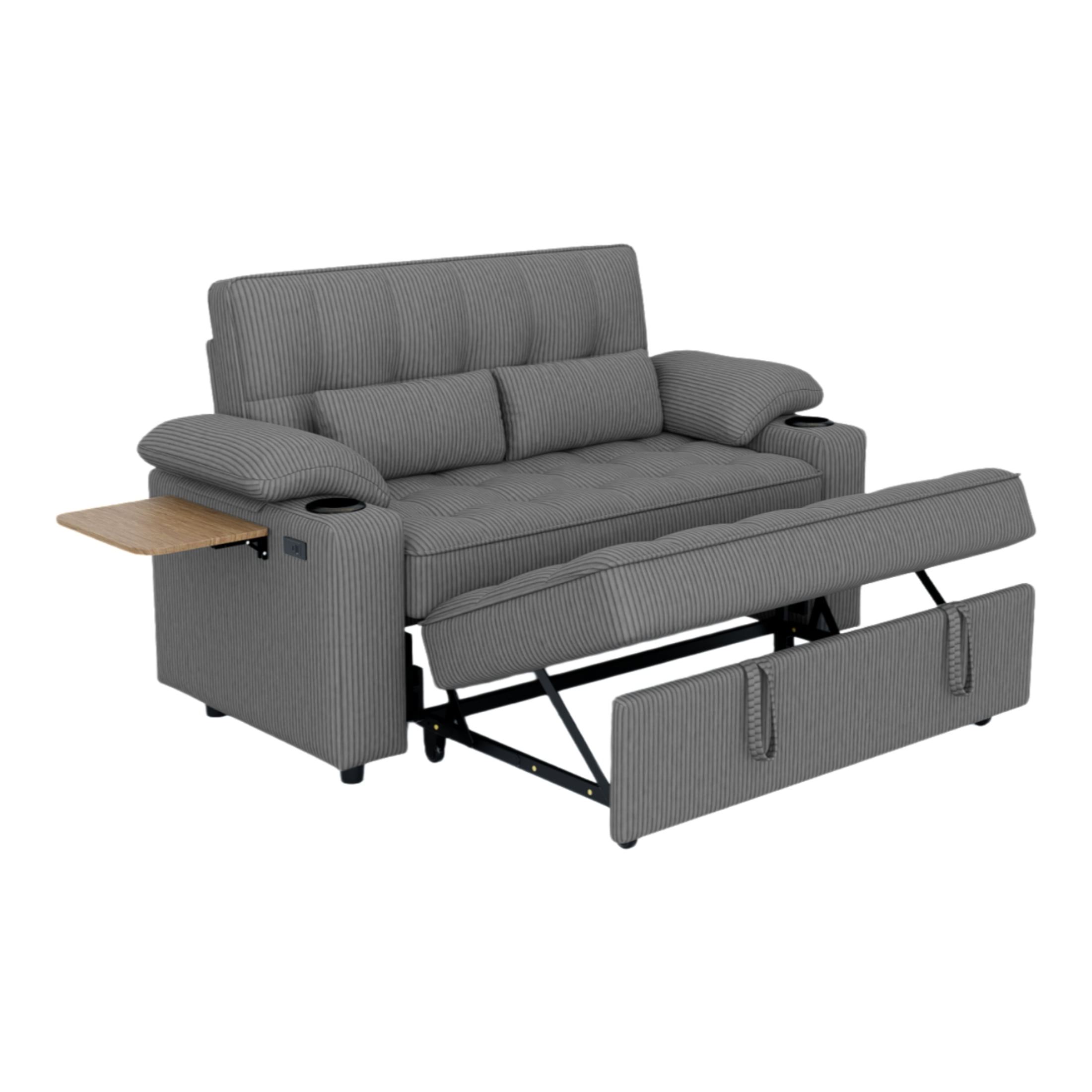 Vinform 3 in 1 Sleeper Sofa Bed, 58" Convertible Loveseat with Foldable Side Tray Table, USB Ports and Cup Holders for Apartments, Corduroy, Dark Gray