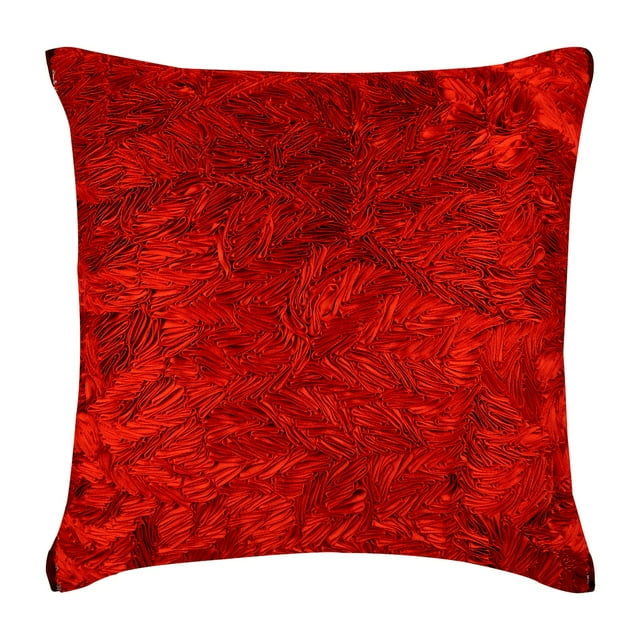 Housses de Coussin Décoratives Rouges 16x16 Pouces (40x40 cm), Coussins d'Accent en Soie, Couleur Unie, Broderie Ruban, Housse de Coussin Moderne - Ruban Satin Rouge Chaud