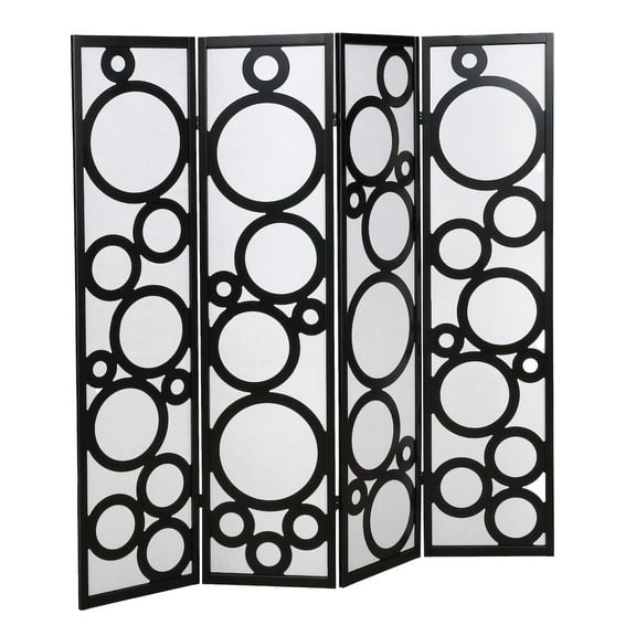 Roundhill Furniture Arvada 4-Panel Wood Room Divider w/Circle Pattern in Black