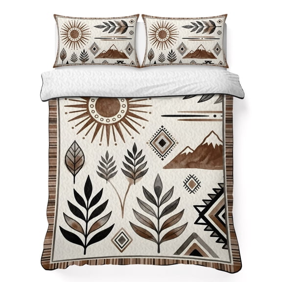 Quilts Queen Size Bedding Set, Bohemian Lightweight Quilted Comforter, Mountain Peak Southwest Boho Brown Distressed Soft Reversible Bedspread Coverlet with Pillow Covers for All Season, 90" x 96"