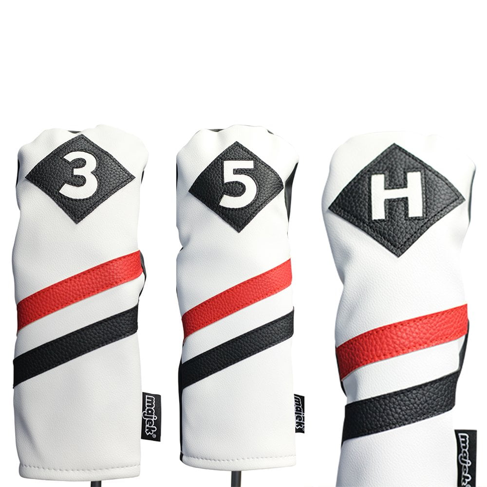 Majek Retro Golf Headcovers White Red and Black Vintage Leather Style 3 5 H Fairway Wood and Hybrid Head Cover Classic Look