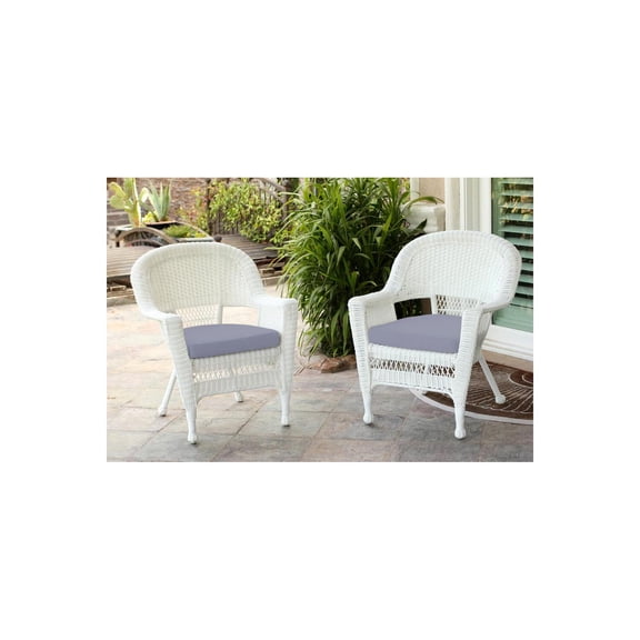 Jeco W00206-C-2-FS033-CS White Wicker Chair with Steel Blue Cushion - Set of 2