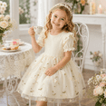 thumbnail image 4 of IPIO Toddler Girls Floral Tulle Party Dress with Puff Sleeves for Birthday Wedding Summer, size 6 beige, 4 of 7