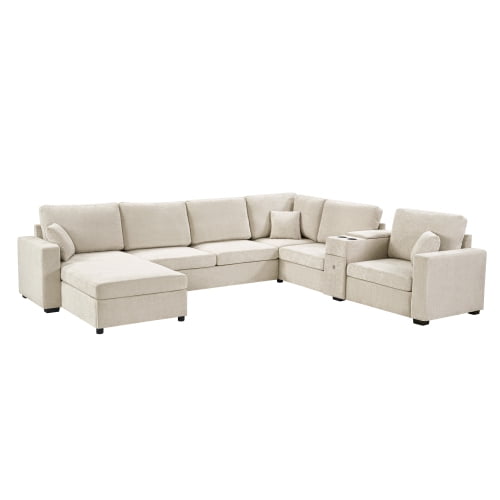 134" U-Shape Modular Sectional Sofa, 5-Seat Couch with Chaise Lounge, Deep Seat, Built-In Cup Holders, Storage Drawer and Pillows, Beige