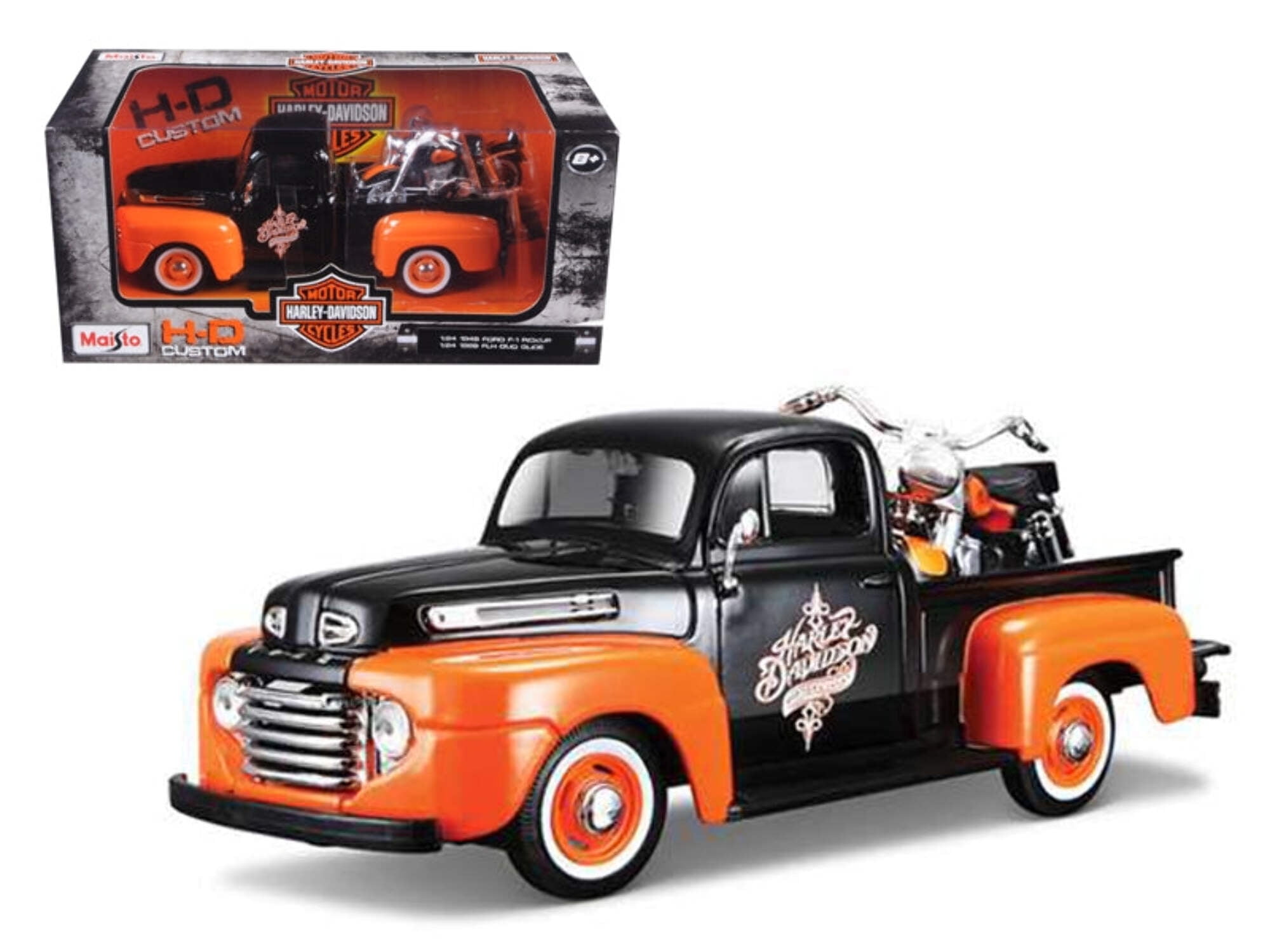 1948 Ford F-1 Pickup Truck Orange/Black with 1958 FLH Duo Glide Harley Davidson Motorcycle 1/24 by Maisto