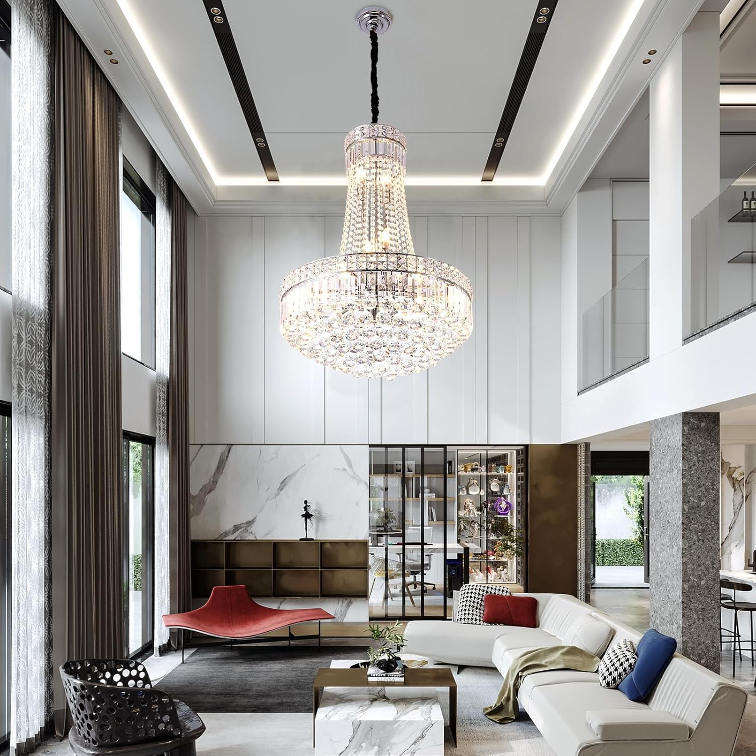 More Change Modern Crystal Chandelier Chrome Empire Hanging Chandelier 13-Lights Crystal Ceiling Pendant Light Fixture for Living Room Dining Room Foyer