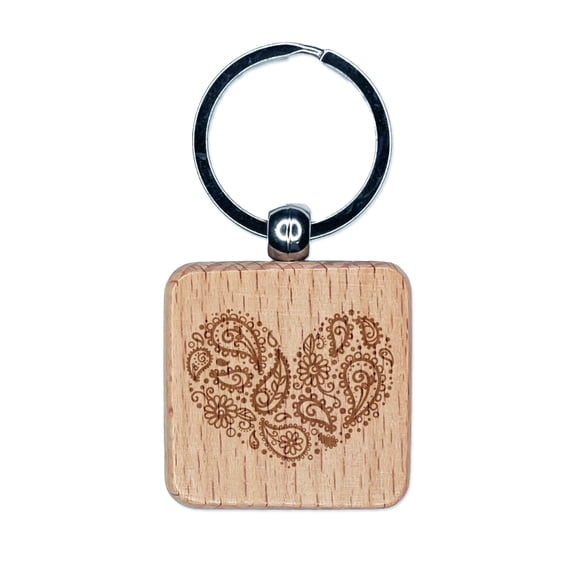 Paisley Heart Square Keychain Charm Tag - Engraved Wood