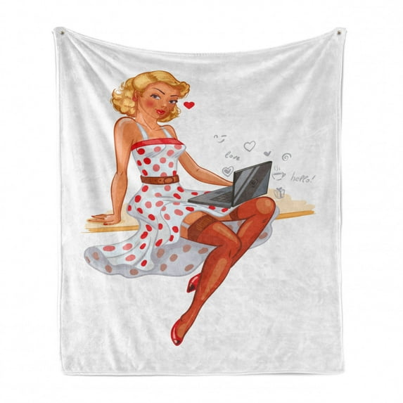 Pin up Girl Soft Flannel Fleece Throw Blanket, Blonde Short Haired Pin up Girl Red White Polka Dotted Long Dress and Laptop, Cozy Plush for Indoor and Outdoor Use, 70" x 90", Multicolor, by Ambesonne