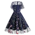 thumbnail image 2 of IBTOM CASTLE Women Vintage Dress 1950s Sleeveless Mesh Patchwork Cocktail Swing Dress Floral Embroidery Flare A-Line Dress Wedding Guest Evening Prom Gown XL Navy Blue Ruffle, 2 of 8