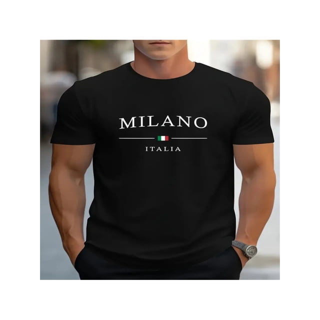 Milano Italia Graphic Casual Crew Neck T-Shirt, Polyester Knit Fabric, Regular Fit, with Geometric Pattern, for Adults, Summer Short-Sleeve Tee with Slight Stretch