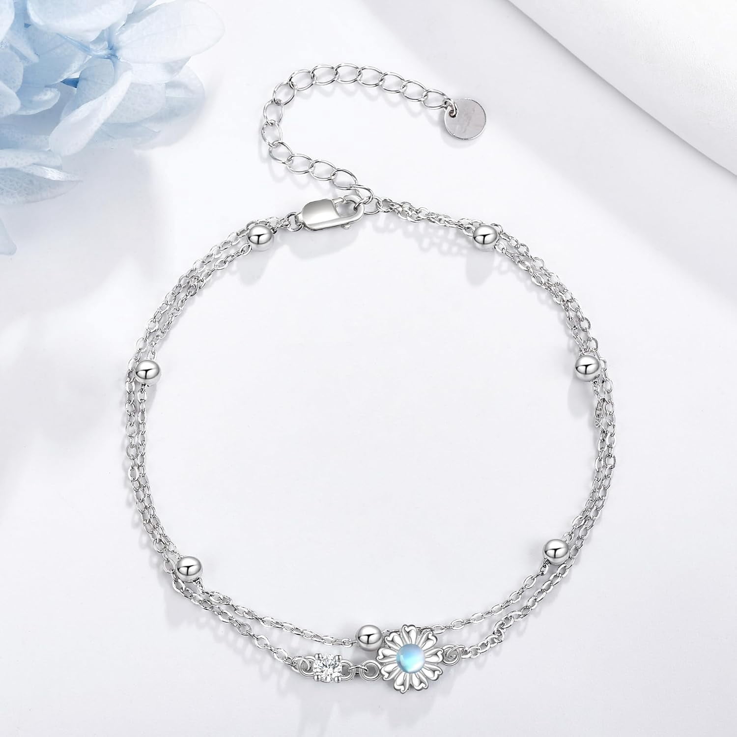 Daisy Moonstone Anklet Sterling Silver Daisy Flower Layered Ankle Bracelet Daisy Moonstone Jewelry for Women Gifts