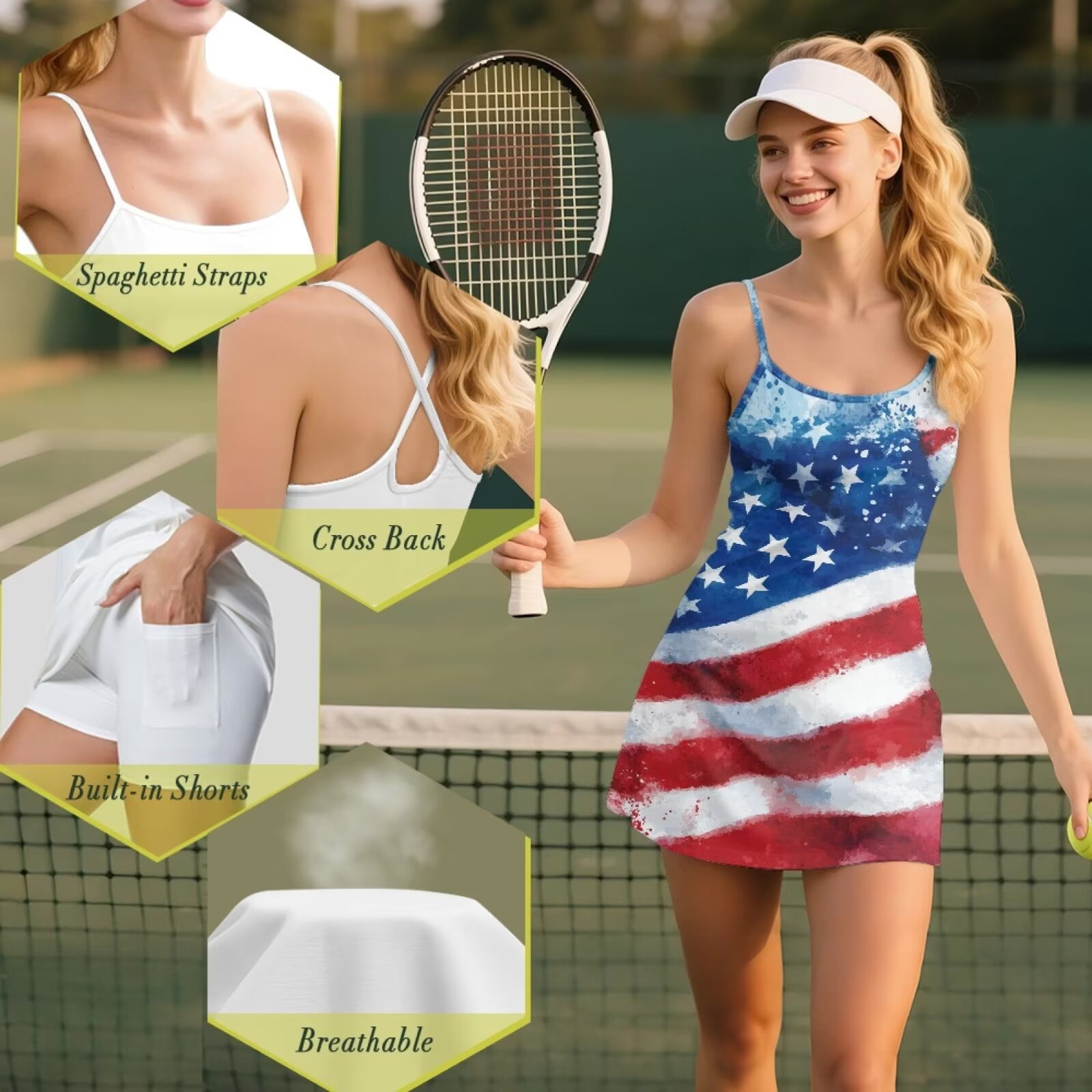 Psesaysky 4th of July Tennis Dress with Built in Shorts Breathable Athletic Dress for Women Summer Cross Back Golf Workout Dress American Flag Paint Print, Size XL
