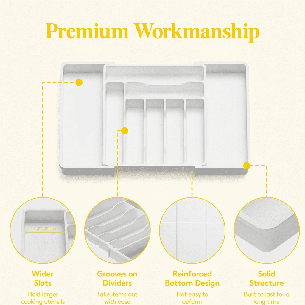 Norcho Expandable Utensil Organizer Drawer, Adjustable Cooking Silverware Tray, Plastic Spatula Tools Divider 13-22.4"x15" White