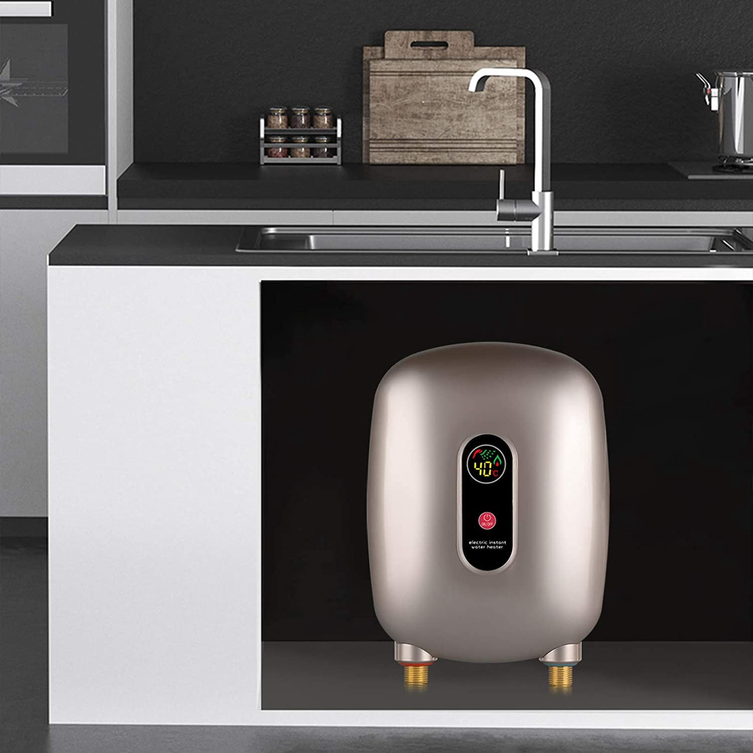 Fichiouy 3KW Electric Water Heater Mini Electric Tankless Instant Hot Water Heater with LCD Display for Bathroom Kitchen Gold