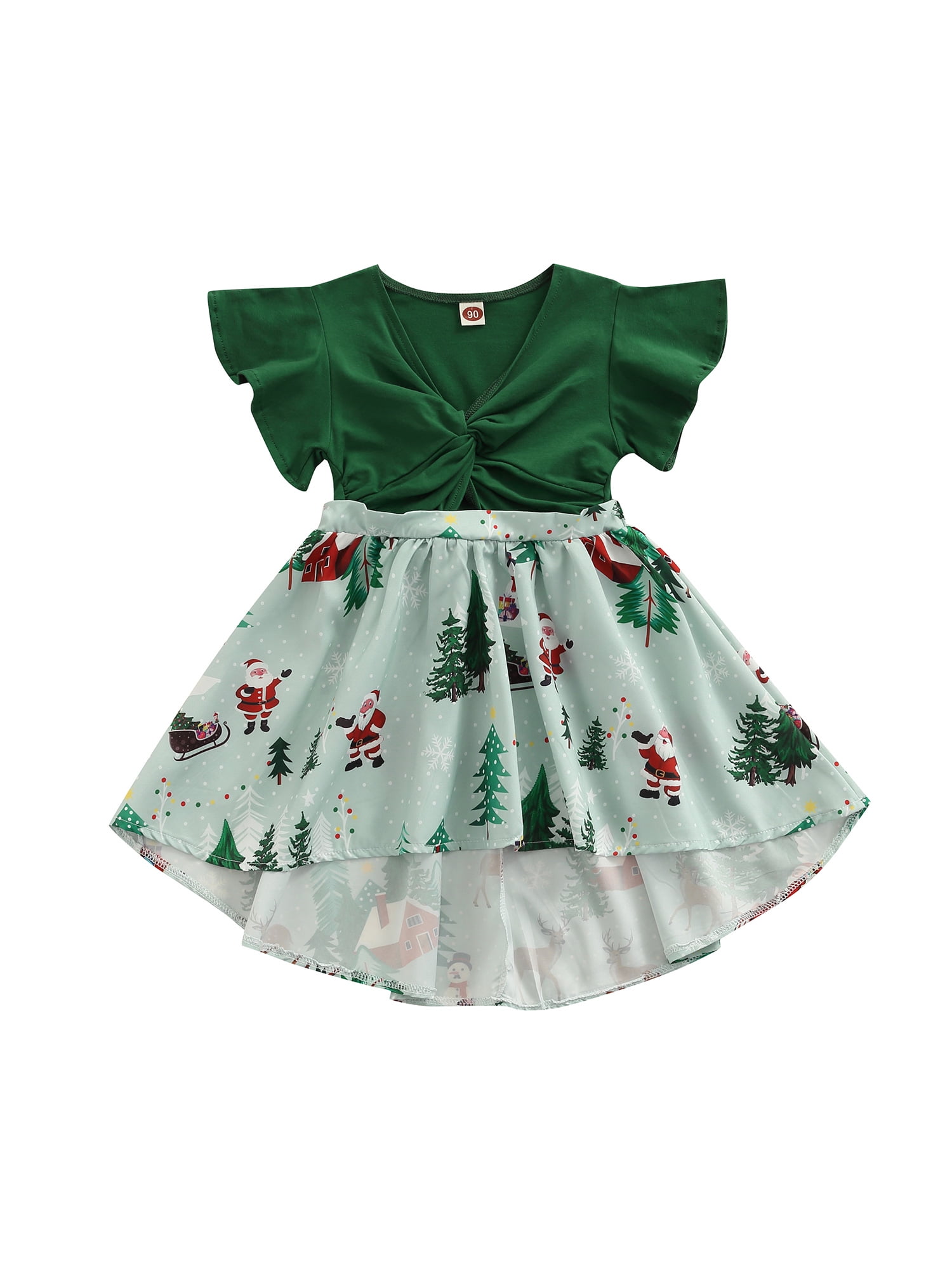 Andannby Little Sister Matching Christmas Dress Big Girl Green Santa Print Ruffle Playwear Holiday Xmas Dresses