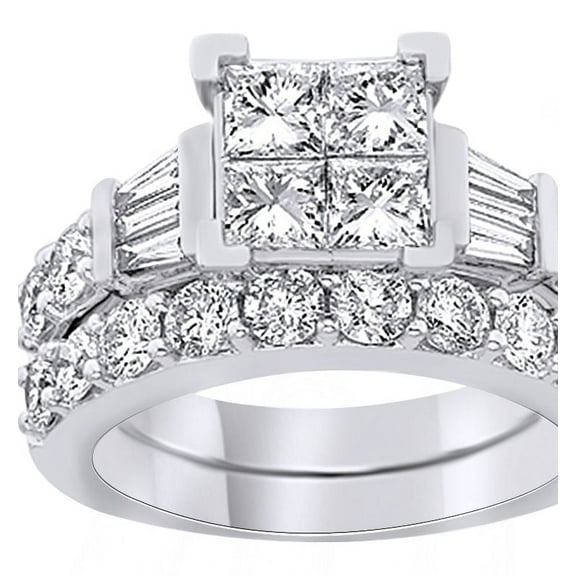 AFFY Princess Cut White Natural Diamond Engagement Square Cluster Ring Set In 14K Solid White Gold (2.5 Ct)