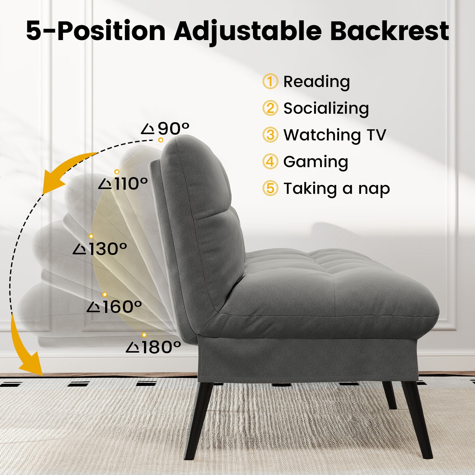 CloudRest Pro 72" Modern Convertible Futon Sofa Bed, Upholstered Futon Couch with 5 Adjustable Backrest Angles,Suitable for Apartment,Living Room,Gray