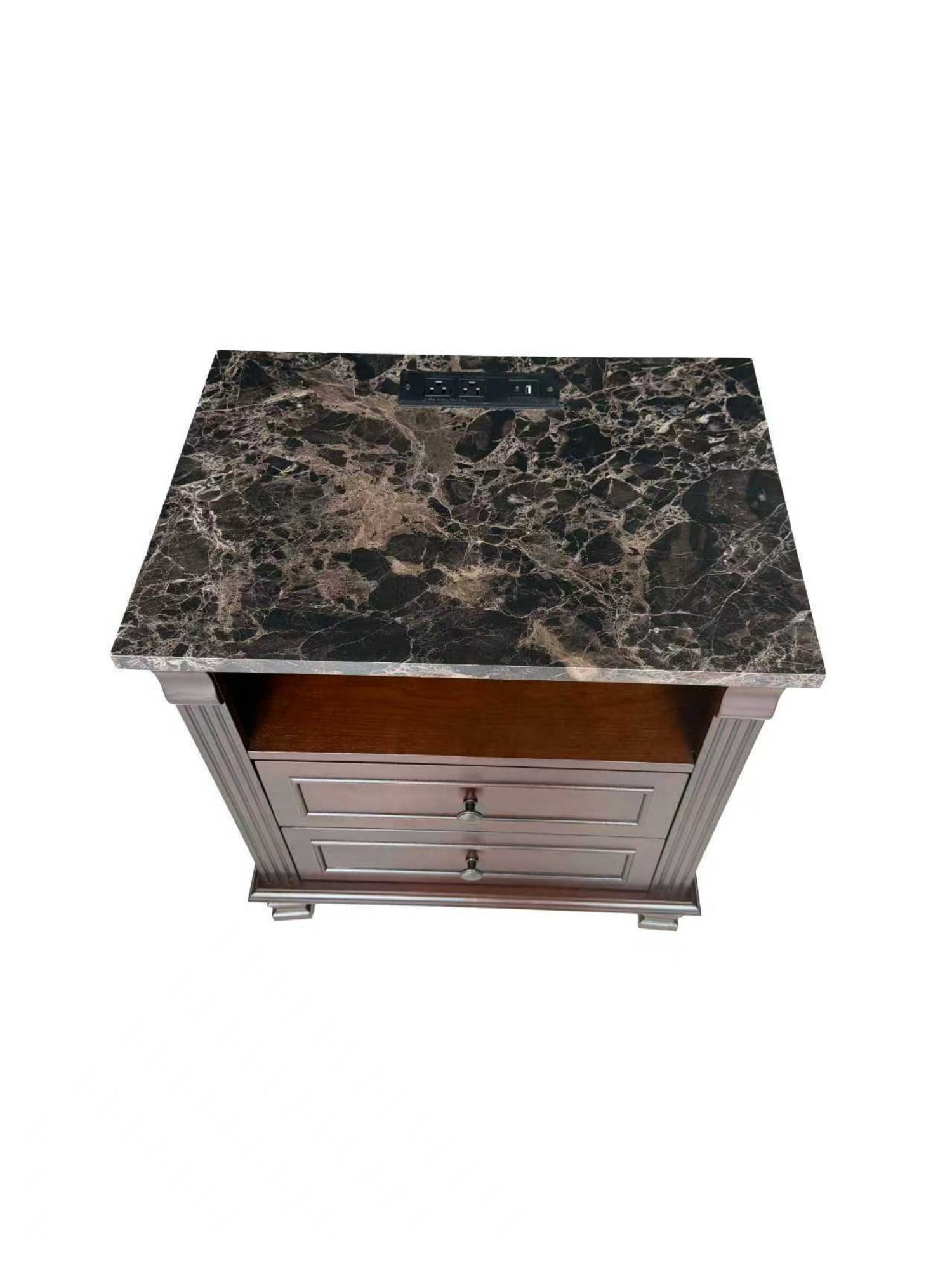 Tall Modern Nightstand with Charging Station, Bedside Table with 2 Drawers, Marble Grain Storage End Table with USB Ports and AC Outlets for Bedroom, Living Room, Brown