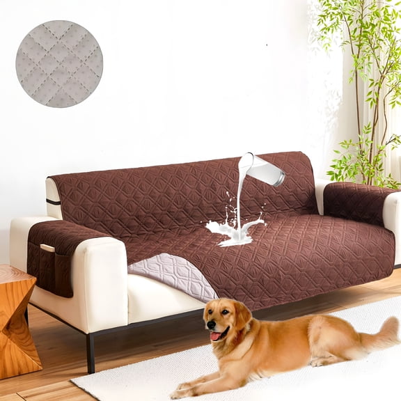 AUQ Waterproof Couch Covers 3 Cushion Couch,Non-Slip 3 Seater Sofa Covers Washable,Furniture Protector with Side Pockets Elastic Straps for Dogs,Pets,Living Room (Brown,3 Seater Sofa)