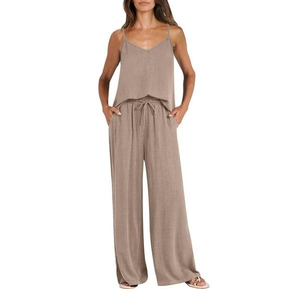 VISALY Womens Loungewear Set, Suspender Top Pajama Set 2 Sets for Women 's Summer 2 Outfits Top Long Pant Sets Casual, Womens Sleepwear Set Sleepwear Sets Summer Sleepwear, Khaki,S
