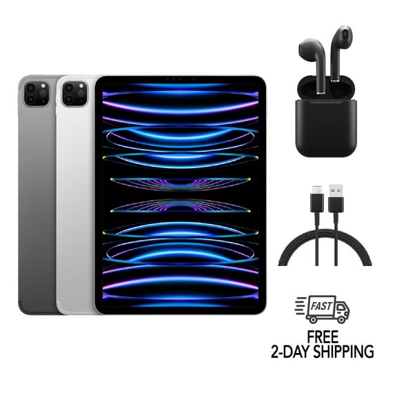 Pre-Owned Apple iPad Pro 11" (2022) A2435 (WiFi   Cellular Unlocked) 256GB Silver w/ Wireless Earbuds