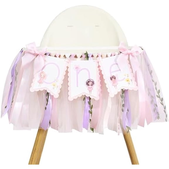 Fairy One High Chair Banner - Little Fairy 1st Birthday Party Decoration,Sweet Floral Highchair Banner with Ribbon,Princess Tea Party Photo Backdrop,Flower Fairies First Birthday Garland