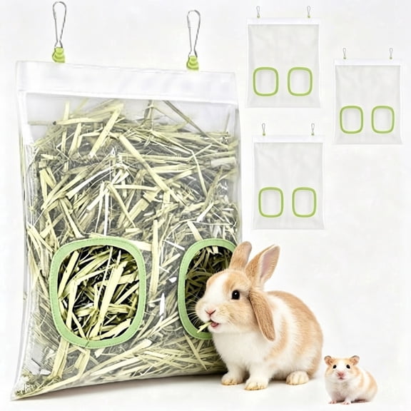 4-Pack Hanging Hay Feeder Bags for Guinea Pigs & Rabbits - Breathable Mesh Hay Rack, Wear-Resistant 2-Hole Dispenser