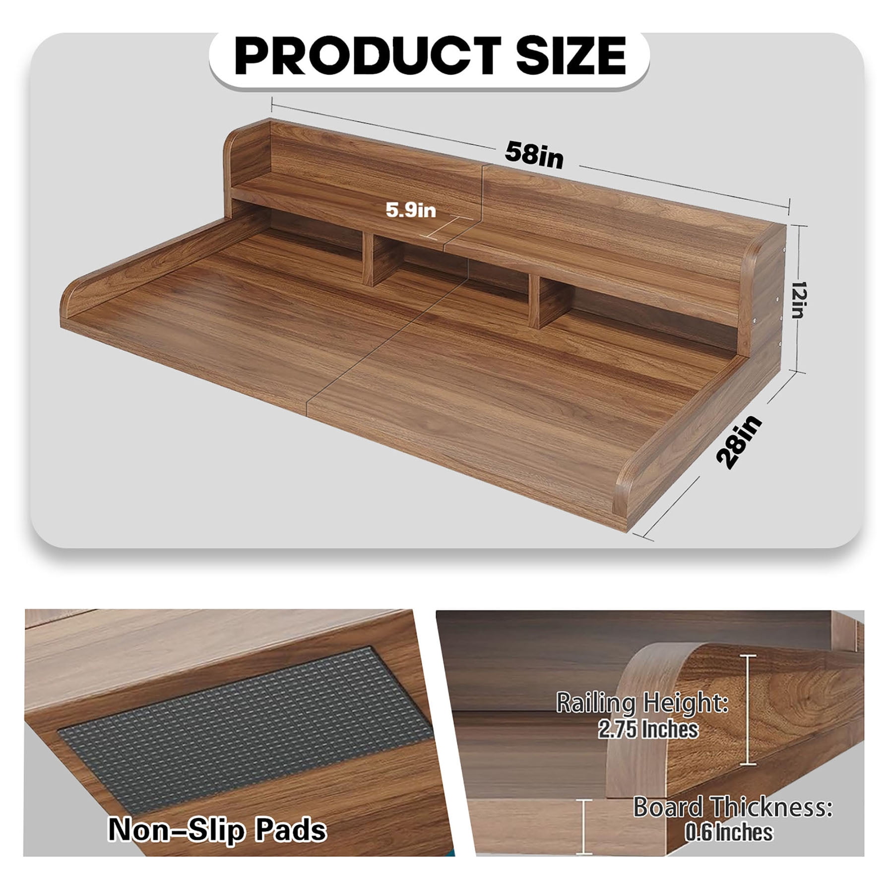 S-HOME Washer Dryer Countertop with Non-slip Pads in Wood Design, 58" x 28" Laundry Organization Shelf Topper，Walnut