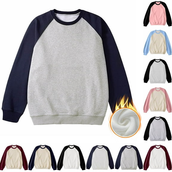 ZRGHAOYLQ Color Block Shirts for Mens Big and Tall Crewneck Sweatshirt Long Sleeve Fleece Lined Pullovers Tops Thick Warm Sweatshirts for Men Beige L