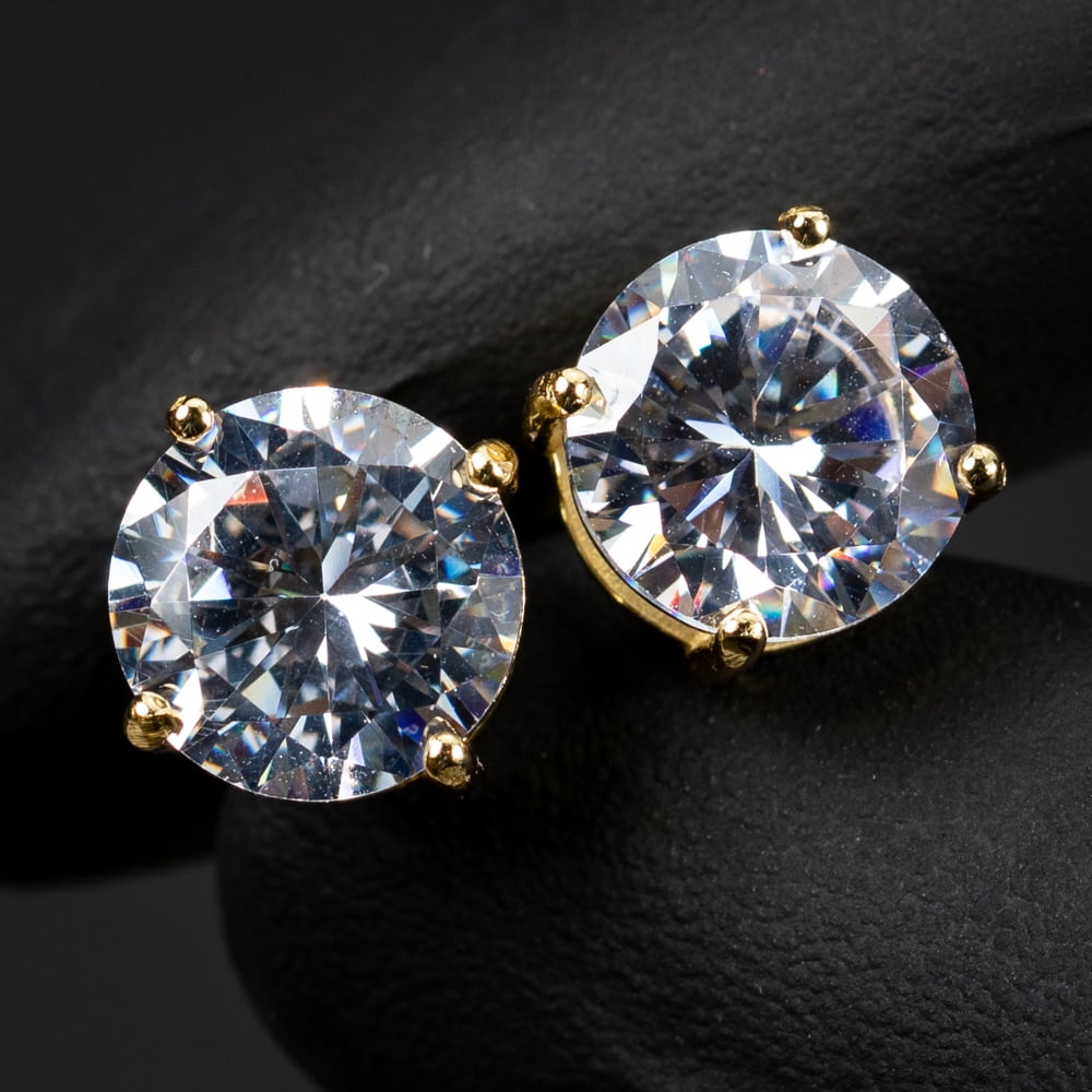 Large Brilliant 925 Sterling Silver 14K Yellow Gold Plated Round Unisex Iced Cz Men's Women's Circle Screw Back Cubic Zirconia Solitaire Stud Earrings