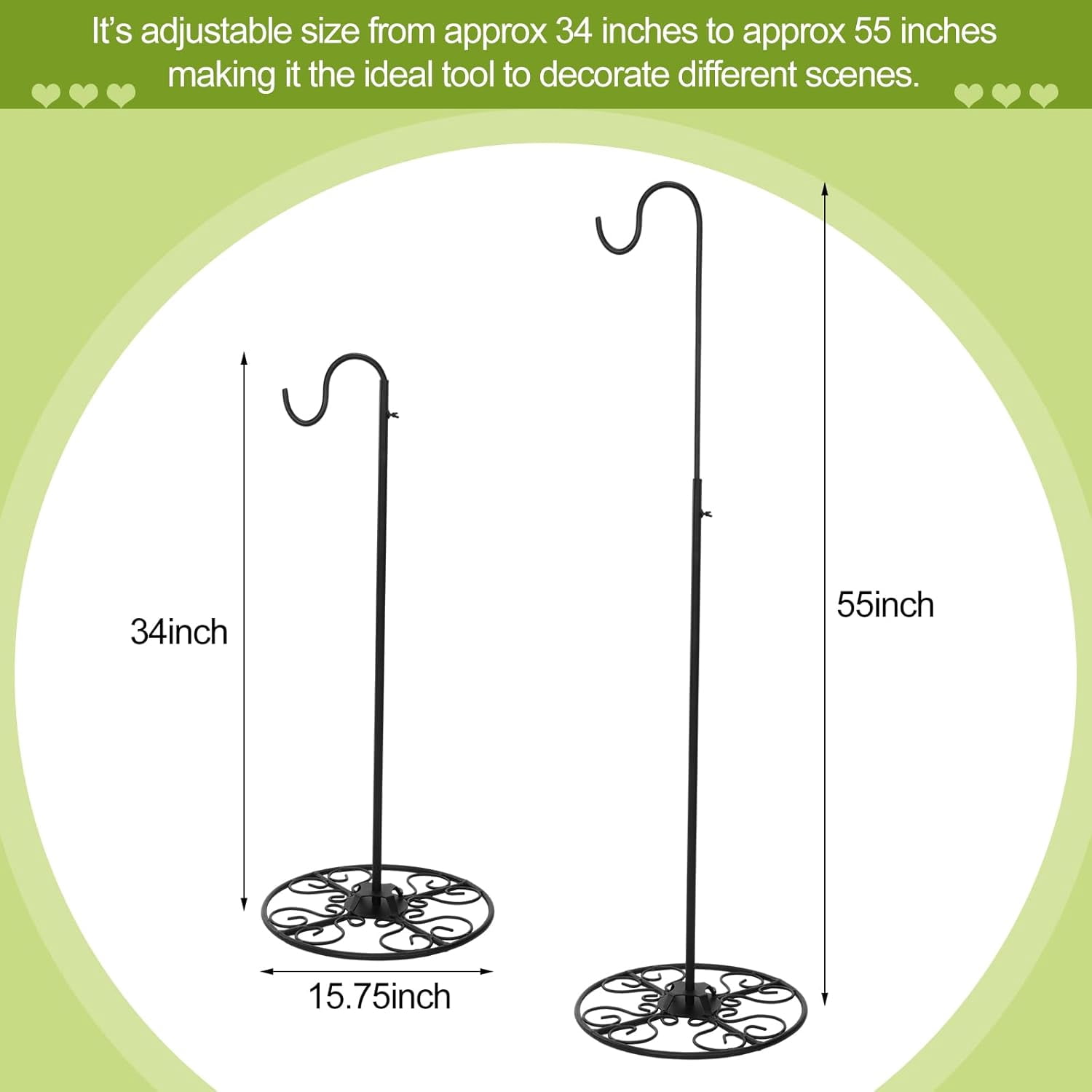34-55 Inch Adjustable Black Iron Shepherds Hook with Base Indoor Outdoor Wind Chime Stand Bird Feeder Stand Hanging Plant for Garden Plants Weddings Event Home Decor(1 Pcs)