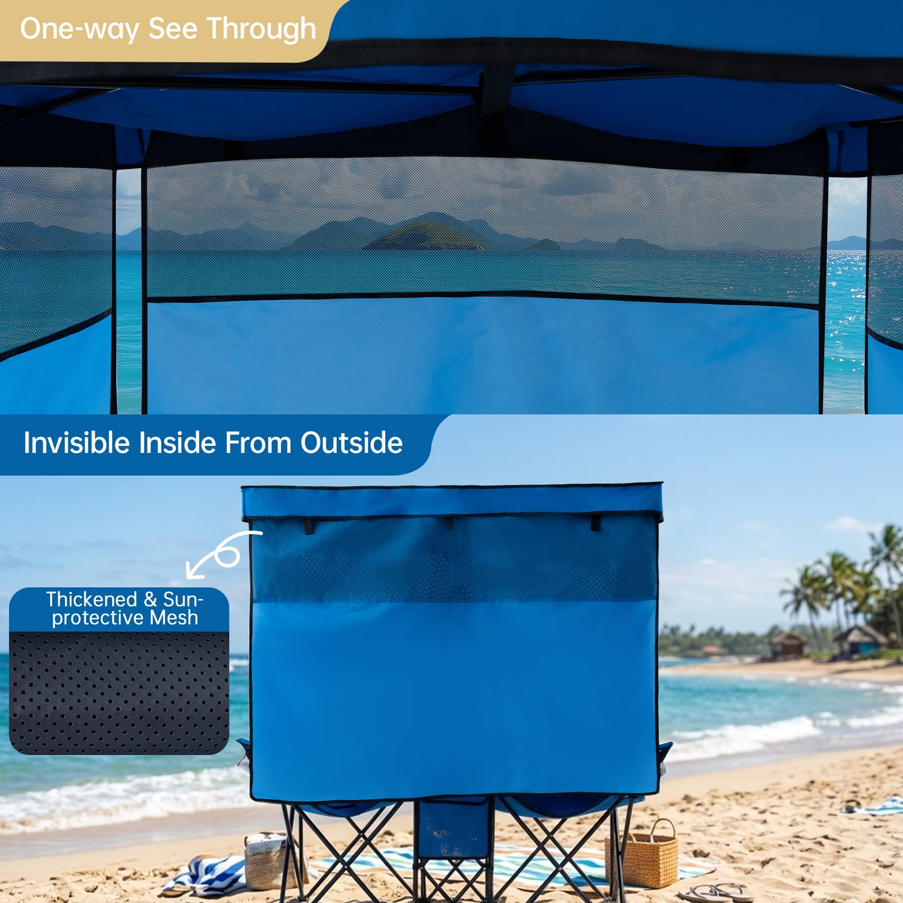 WTVIDAS Double Beach Chair with Canopy Shade Oversized Camping Chairs with Cup Holder Cooler Bag Folding Loveseat Chairs for Camping Beach Lawn