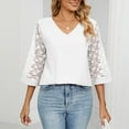 thumbnail image 4 of tklpehg 3/4 Sleeve Womens Tops Relaxed Fit Comfortable V Neck Three Quarter Sleeve Lace Flare Sleeve Shirts Leisure Solid Color Tunic Tops Blouse White 4(S), 4 of 6