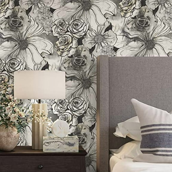 NextWall Harry & Grace Ink Rose Abstract Floral Peel and Stick Wallpaper (Onyx)